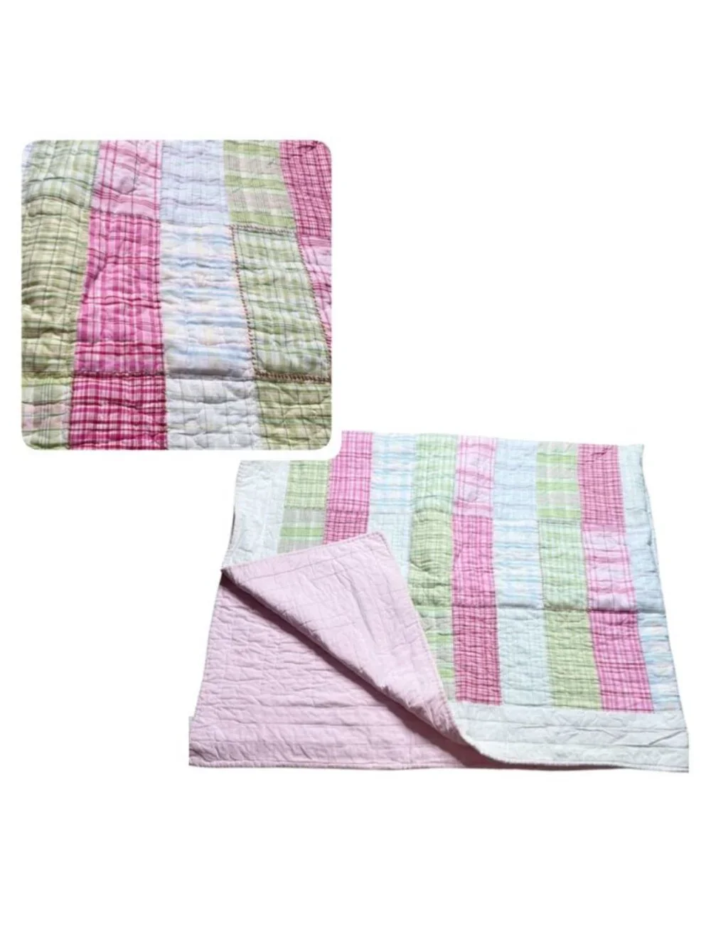 Pottery Barn Kids Twin XL Quilt Plaid Patchwork Pink Green Reversible Bedding